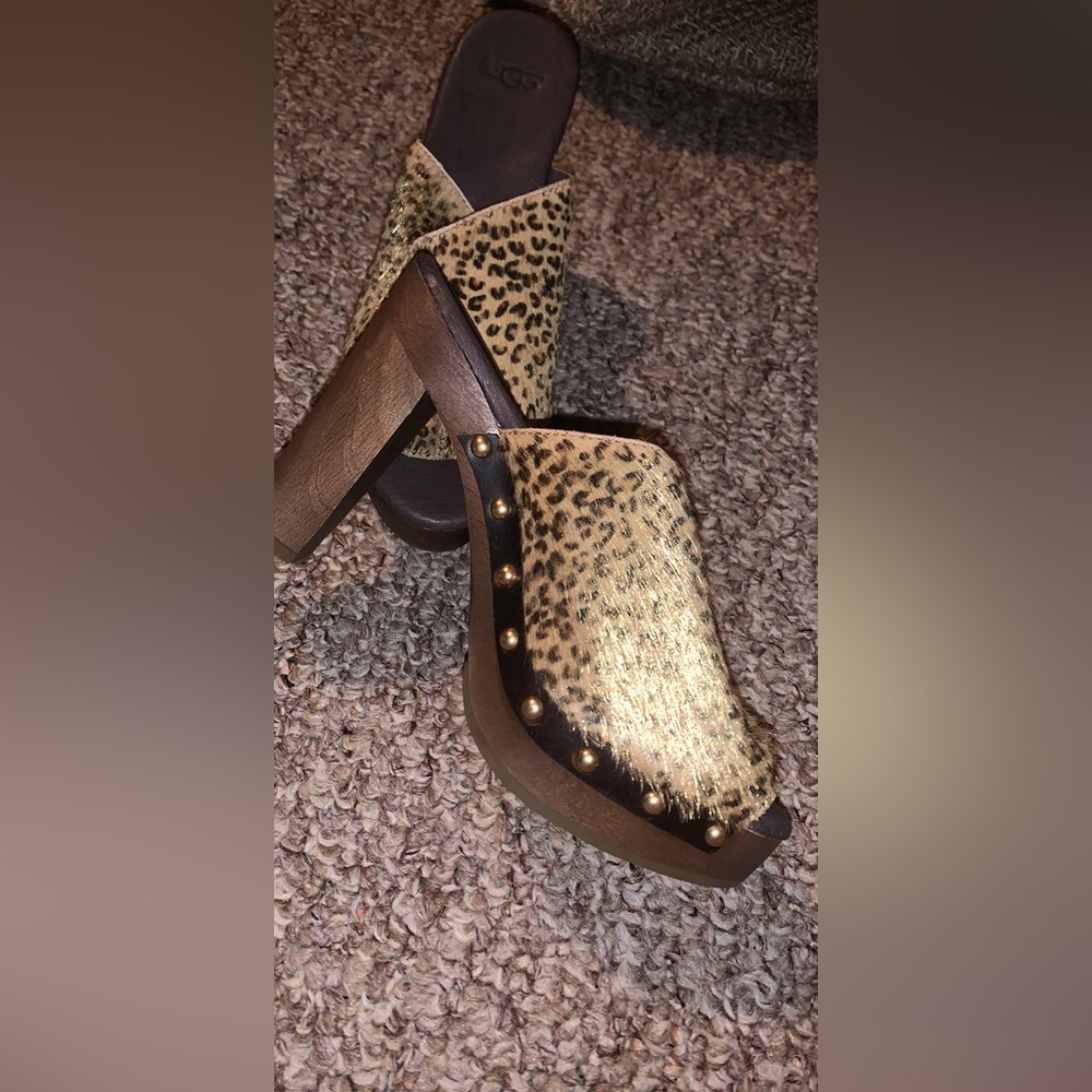UGG Studded Gold Metallic Leopard Print Calf Hair Heeled Clogs